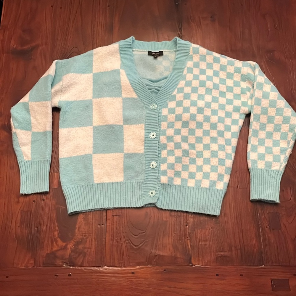 Retro Witty Fox Geometric Cardigan Sweater Set Womens Size Medium Blue White